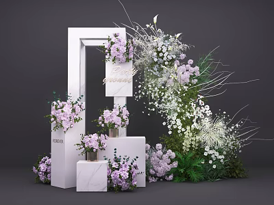 Elegant Commercial Event Decoration Equipment With White Frame Purple White Flower Arrangements And Marble Decorations 3d model