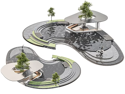Modern Water Fountain Design With Circular Ponds Steps Trees And Pavilions 3d model