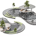 Modern Water Fountain Design With Circular Ponds Steps Trees And Pavilions