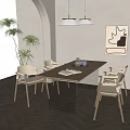 Modern Dining Table Set With Wooden Chairs Decorative Items Potted Plant And Pendant Lights
