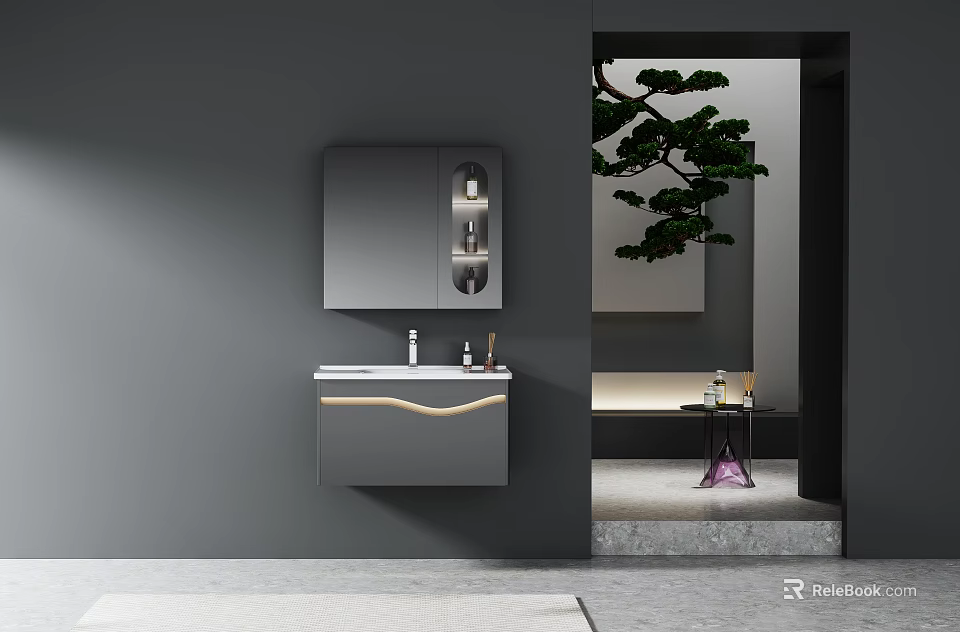 Modern Minimalist Wall Mounted Bathroom Vanity With Mirror Cabinet And Green Plant 3d model 