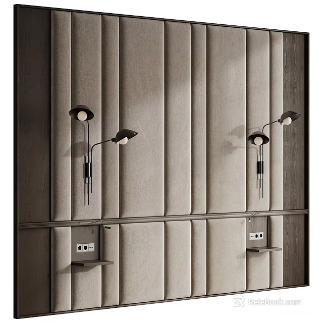 Modern Bedroom Accent Wall Interior With Vertical Slats Wall Sconces And Small Shelves 3d model 