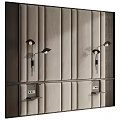 Modern Bedroom Accent Wall Interior With Vertical Slats Wall Sconces And Small Shelves