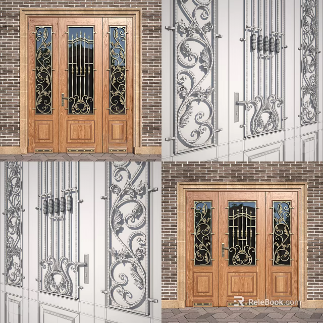 Elegant Wooden Decorative Door With Intricate Carvings Glass Panels And Metal Details 3d model 