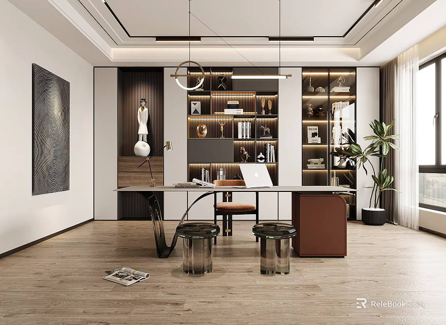 Modern Study Room Interior With Bookshelves Wooden Desk Leather Chair Abstract Painting And Potted Plant 3d model 
