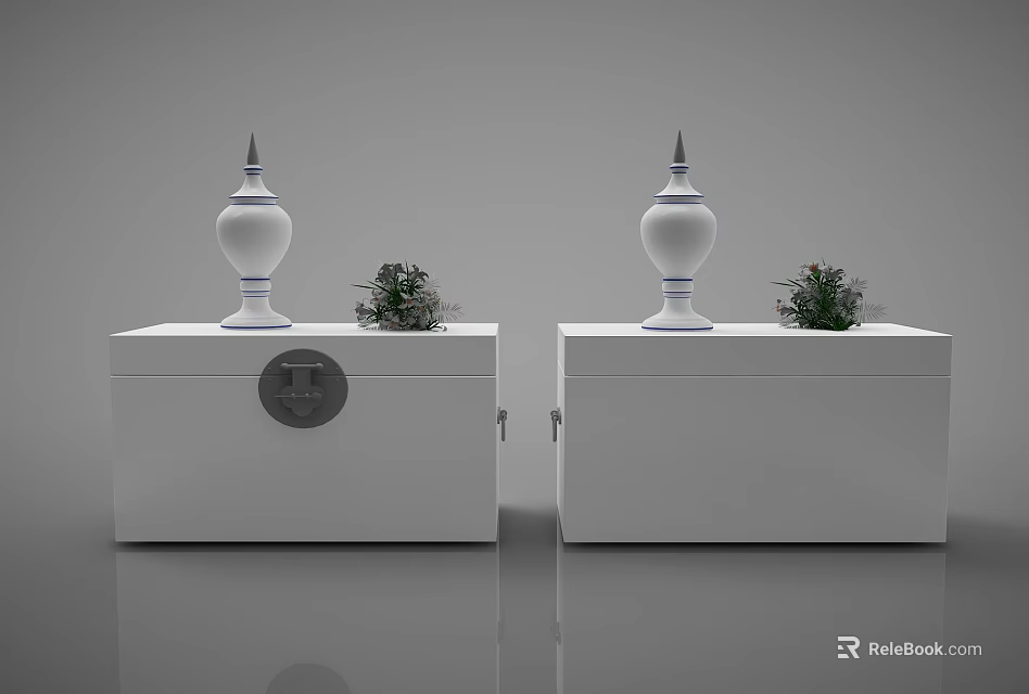 Two White Chests with Decorative Bottles and Small Potted Plants on Top 3d model 