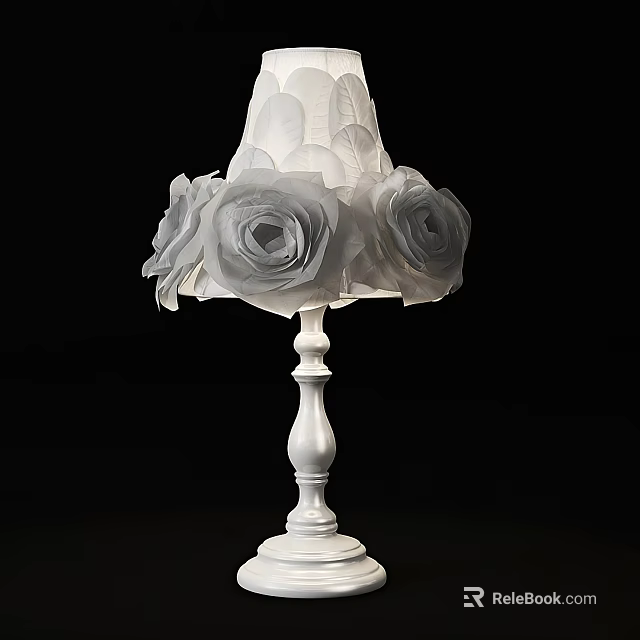 Elegant White Table Lamp With Rose Patterned Shade and Classic Pedestal Base 3d model 