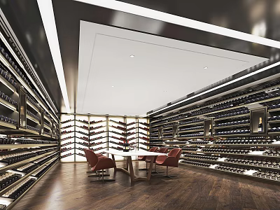 Modern Wine Cellar Interior With Wooden Wine Racks And Bottles Round Table And Red Chairs 3d model