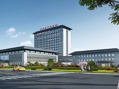 Modern Linhai City Hospital Building Exterior With Greenery Trees Road Vehicles And Pedestrians 3d model