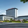 Modern Linhai City Hospital Building Exterior With Greenery Trees Road Vehicles And Pedestrians