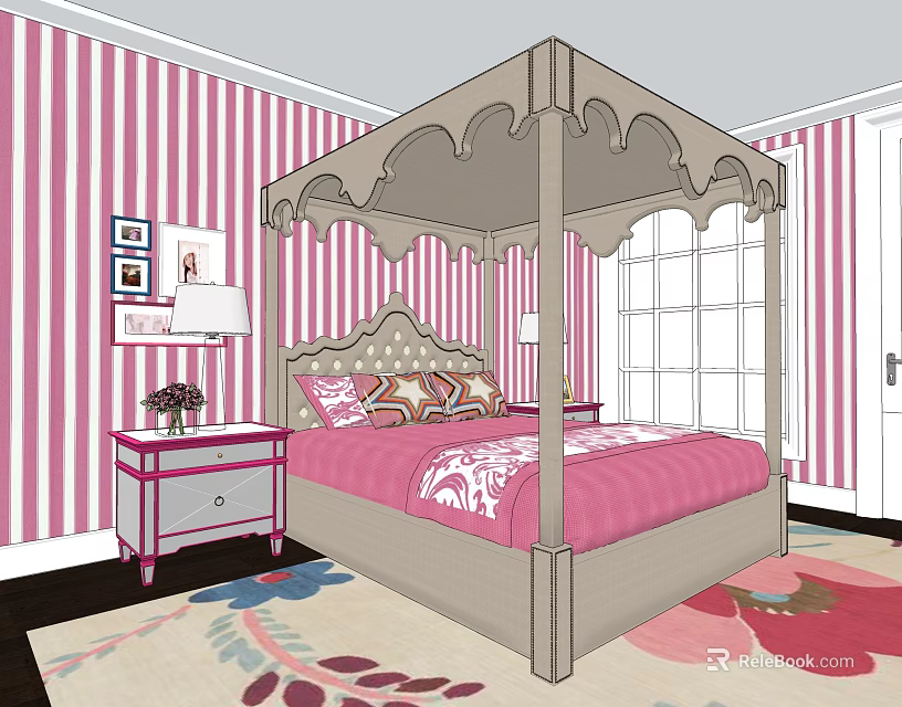 Pink Striped Bedroom With Canopy Double Bed Nightstand Lamp And Decorative Frames 3d model 