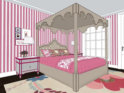 Pink Striped Bedroom With Canopy Double Bed Nightstand Lamp And Decorative Frames 3d model