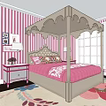 Pink Striped Bedroom With Canopy Double Bed Nightstand Lamp And Decorative Frames