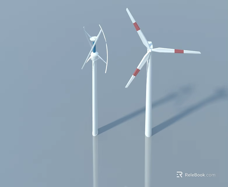 Two White Wind Turbines With Red Stripes On Light Blue Background And Reflections 3d model 