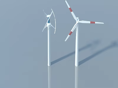 Two White Wind Turbines With Red Stripes On Light Blue Background And Reflections 3d model