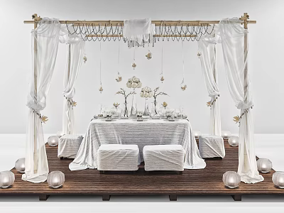 Elegantly Decorated Outdoor Table with White Drapes Hanging Decorations Tableware and Flower Vases 3d model