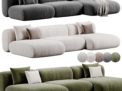 Plush Sectional Sofa in Neutral and Green Tones with Soft Cushions and Throw Blanket 3d model