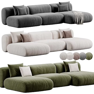 Plush Sectional Sofa in Neutral and Green Tones with Soft Cushions and Throw Blanket 3d model