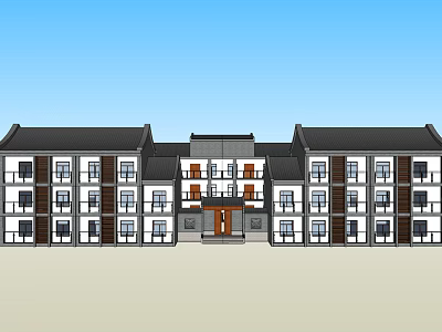 Traditional Chinese Style Multi Story Building With Black Tiles And Red Door 3d model