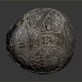 Antique Carved Spherical Sculpture Featuring Intricate Surface Patterns Holes and Cracks