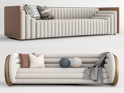 Modern Ribbed Beige Sectional Sofa with Brown Accents Decorative Pillows and Throw Blanket 3d model
