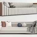 Modern Ribbed Beige Sectional Sofa with Brown Accents Decorative Pillows and Throw Blanket