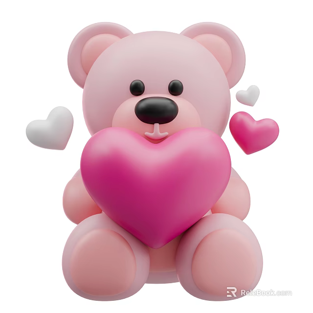 Adorable Pink Teddy Bear Doll Holding Big Pink Heart With Small White And Pink Hearts 3d model 