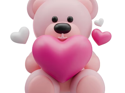 Adorable Pink Teddy Bear Doll Holding Big Pink Heart With Small White And Pink Hearts 3d model