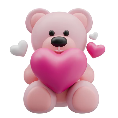 Adorable Pink Teddy Bear Doll Holding Big Pink Heart With Small White And Pink Hearts 3d model