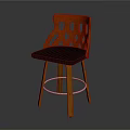 Wooden Bar Stool With Lattice Diamond Pattern Backrest Black Seat Metal Legs Silver Ring Support