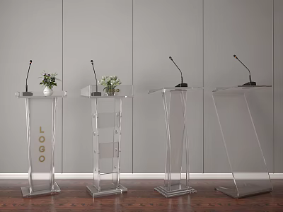 Transparent Acrylic Functional Desk With Microphones Small Plants And Logo 3d model