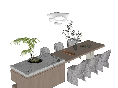 Modern Dining Space With Marble Island Dining Chairs Potted Plants And Pendant Light 3d model