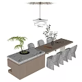 Modern Dining Space With Marble Island Dining Chairs Potted Plants And Pendant Light