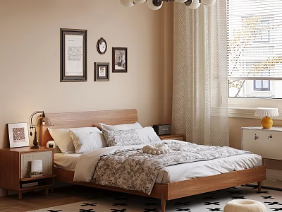 Cozy Bedroom Interior With Wooden Bed Beige Walls White Pillows Patterned Quilt And Framed 3d model