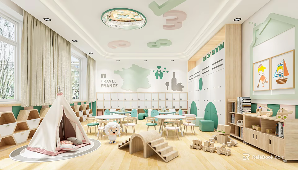 Vibrant Kindergarten Interior With World Map Number Decorations Teepee Tables And Playful Toys 3d model 