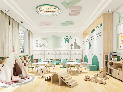 Vibrant Kindergarten Interior With World Map Number Decorations Teepee Tables And Playful Toys 3d model