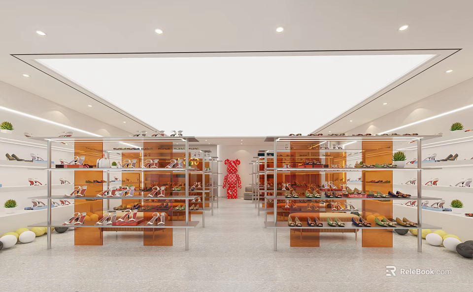 Spacious Modern Shoe Store Interior With Display Shelves And Various Shoes On 3d model 
