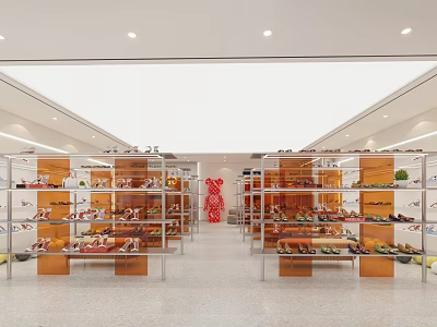 Spacious Modern Shoe Store Interior With Display Shelves And Various Shoes On 3d model