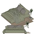 Double Bed With Green Bedding Beige Pillows And Wooden Frame Side Shelf Books Plants