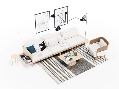 Modern White Sofa and Coffee Table Set with Accent Chair Striped Rug and Wall Art 3d model