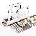 Modern White Sofa and Coffee Table Set with Accent Chair Striped Rug and Wall Art