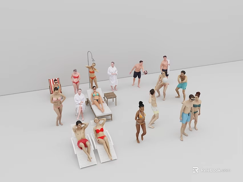 Group of People Relaxing On Loungers And Standing Near Shower Facility 3d model 