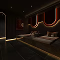 Luxurious Modern SPA Sauna Interior With Starry Spiral Ceiling Red Oval Lights and Comfortable Loungers