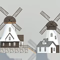 Windmill Building Components With Rotating Blades White Tower And Small Houses 3d model