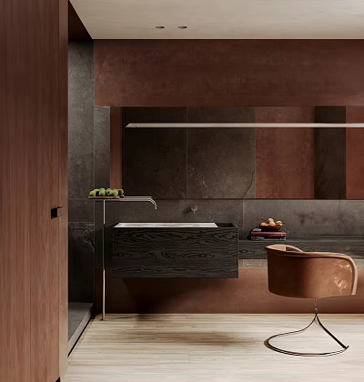 Modern Bathroom Interior Design With Brown Wall Black Marble Sink Mirror And Brown Leather Chair 3d model