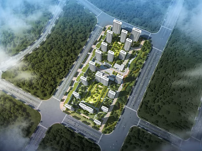 Aerial View Planning of Residential Complex with High Rise Buildings and Green Spaces 3d model