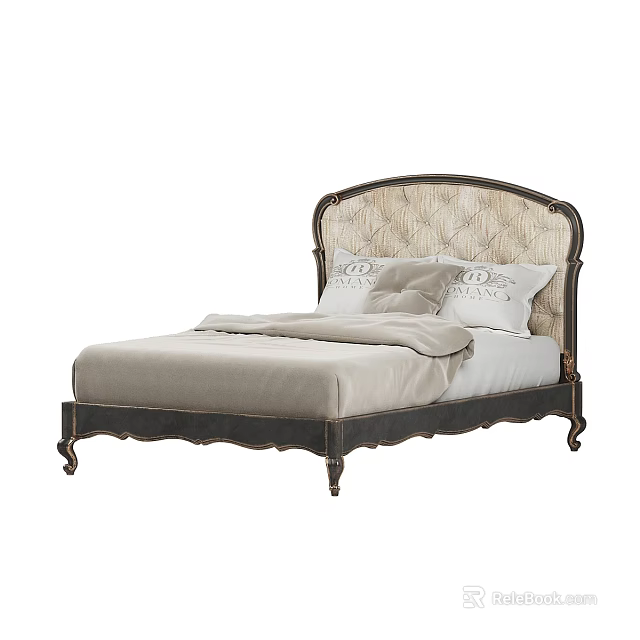 Vintage Double Bed With Tufted Beige Headboard And Dark Wooden Frame 3d model 