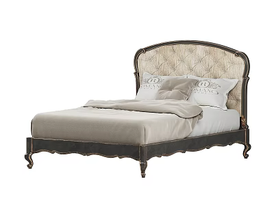 Vintage Double Bed With Tufted Beige Headboard And Dark Wooden Frame 3d model