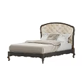 Vintage Double Bed With Tufted Beige Headboard And Dark Wooden Frame