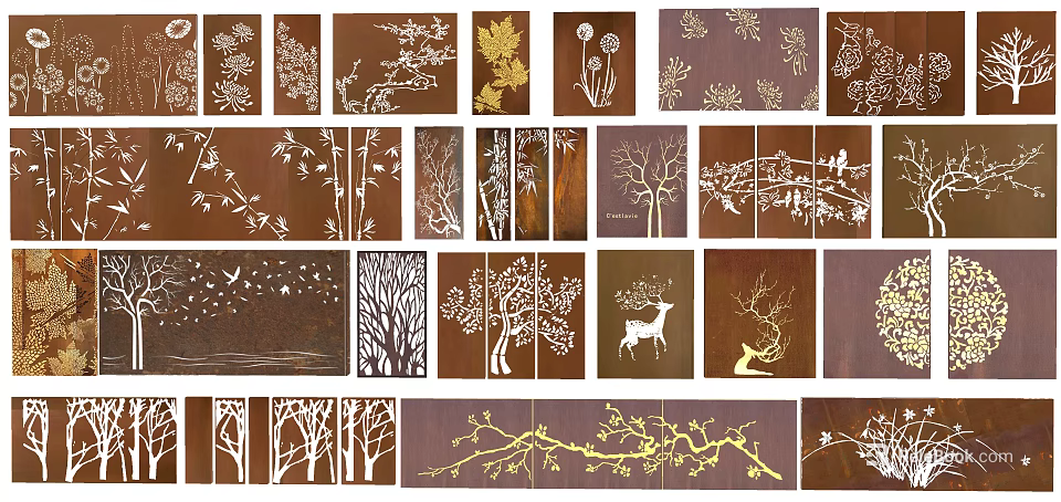 Decorative Nature Inspired Background Wall with Artistic Leaf Branch Flower Deer Bird Patterns 3d model